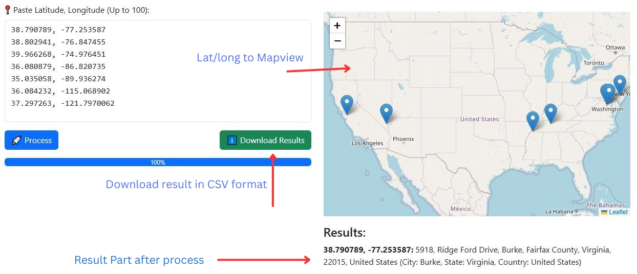 Latitude and Longitude to Address Converter - Reverse Geocoding Tool Interface with Map and CSV Export