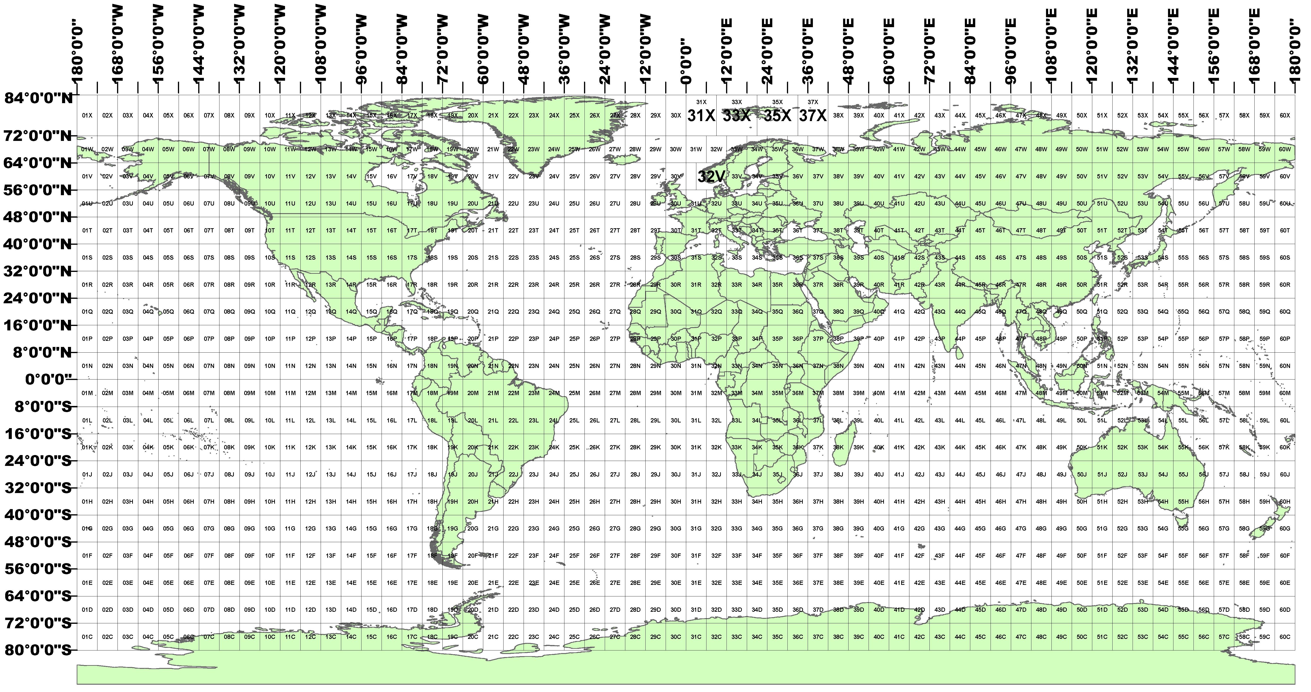 World map with MGRS zones and 100,000 meter grid squares explanation