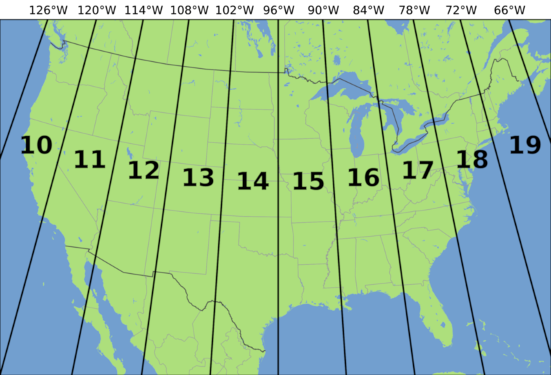 USA UTM Zone Map showing UTM Zones 10 to 19